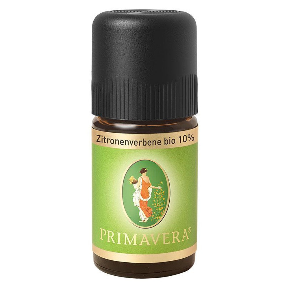 Ulei esențial lămâiță bio 5ml Primavera Life, sticlă verde cu capac negru.