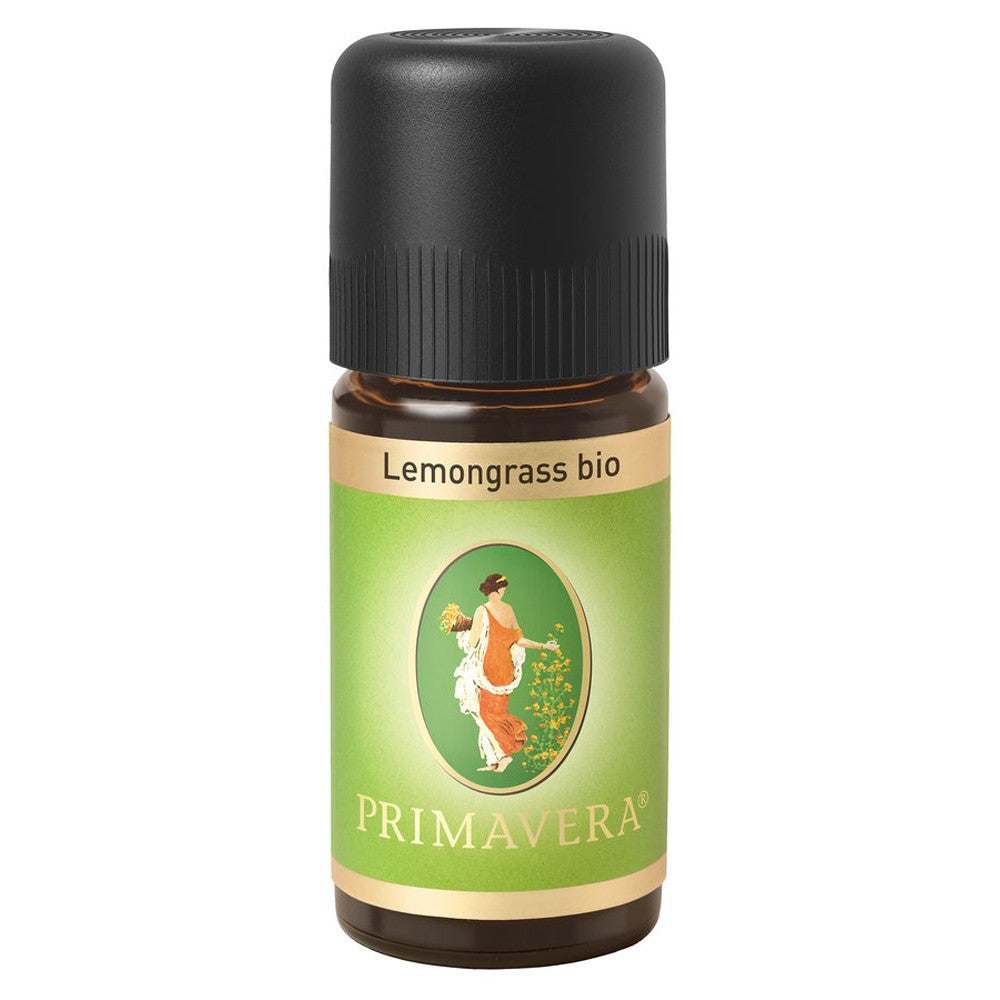 Sticlă brună cu etichetă verde, capac negru, text "Lemongrass bio", sigla Primavera, 10ml ulei esențial.