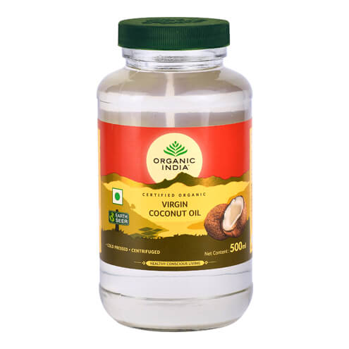 Ulei extravirgin de cocos Organic India, bio, 500ml, borcan transparent cu etichetă roșie și capac verde.