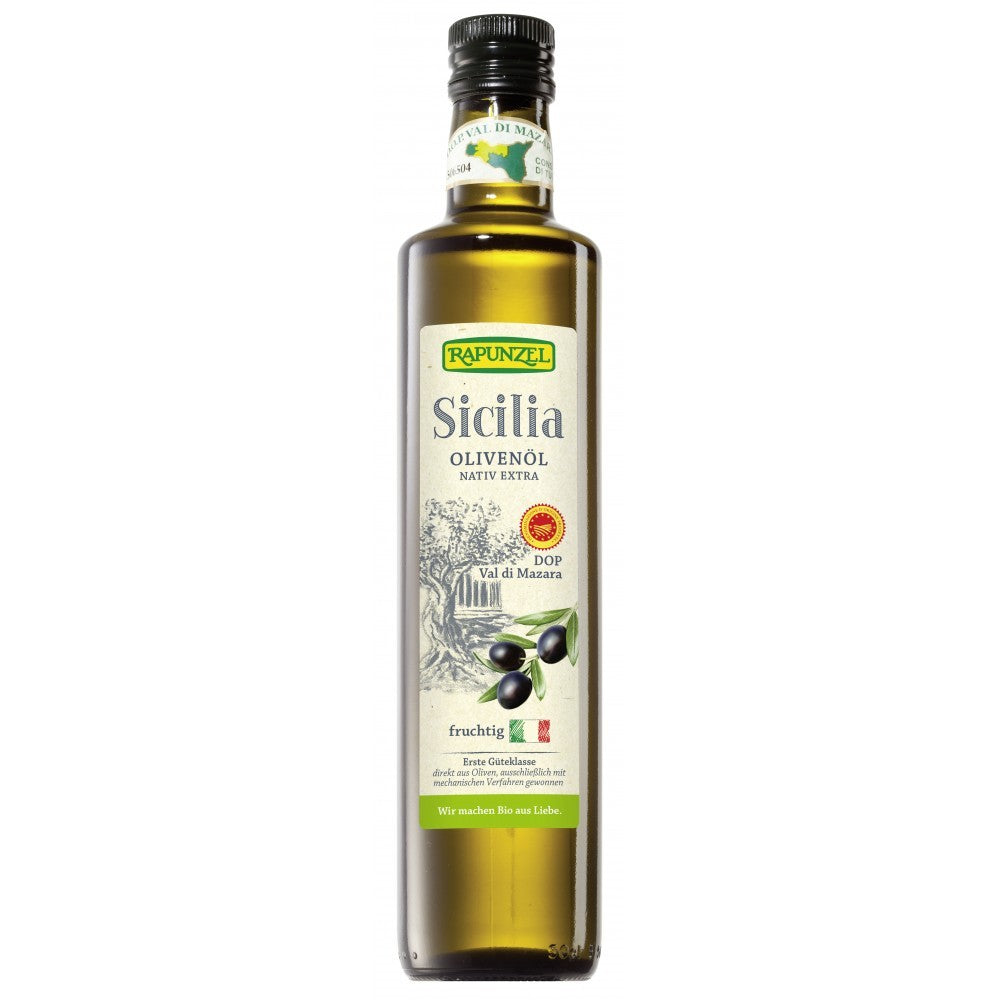 Sticlă de ulei de măsline bio Rapunzel Sicilia extravirgin, 500ml, etichetă albă.