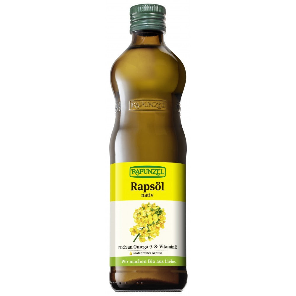 Ulei de rapiță bio nativ Rapunzel 500ml în sticlă maro cu etichetă galbenă.