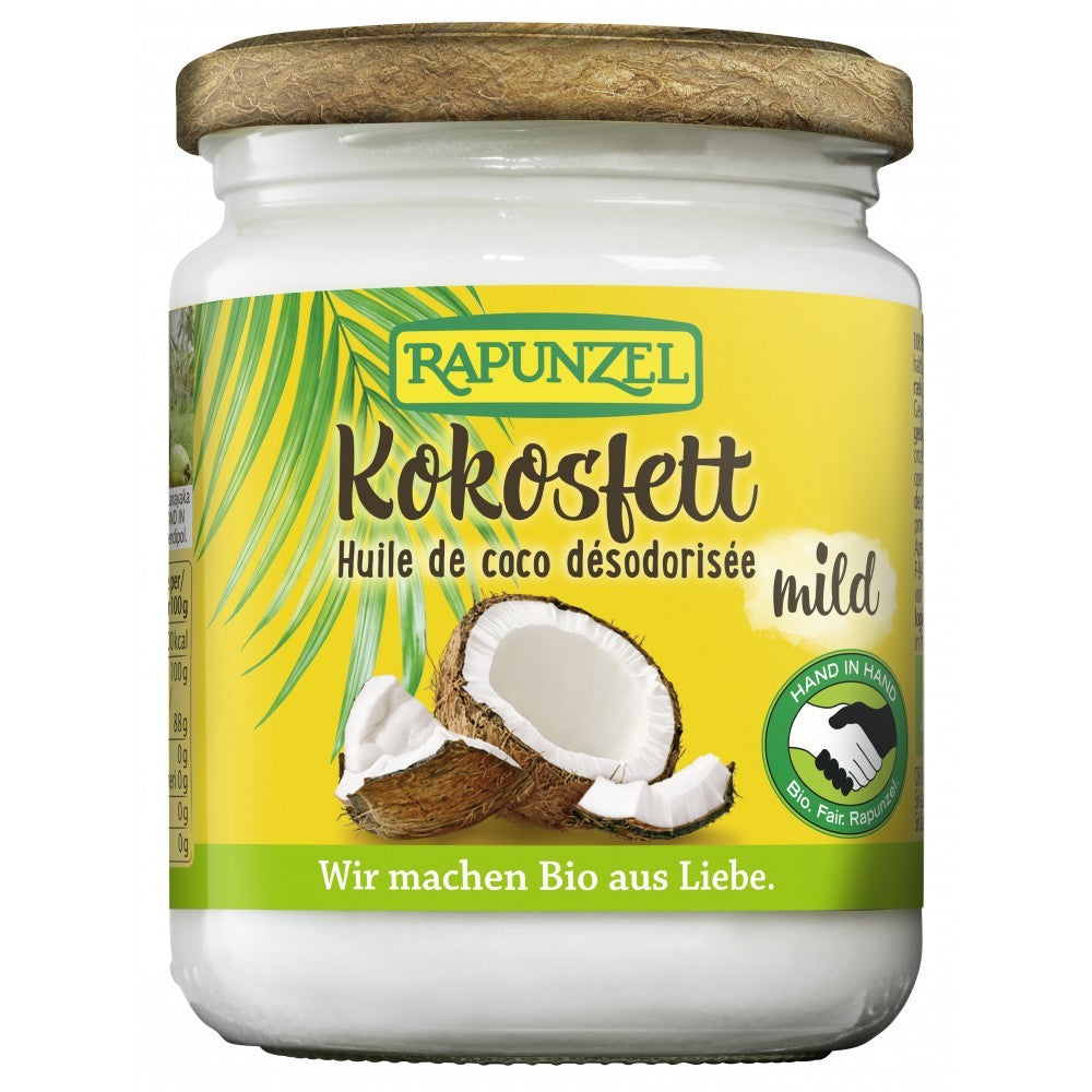 Unsoare de cocos bio Rapunzel 200g în borcan cu etichetă galbenă și imagine de cocos.