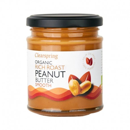 Borcan Unt de Arahide Crema Bio 170g Clearspring, etichetă albă, capac negru.