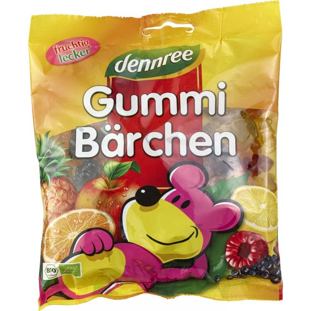 Ursuleți din gelatină bio Dennree 400g, arome fructe, ambalaj colorat.