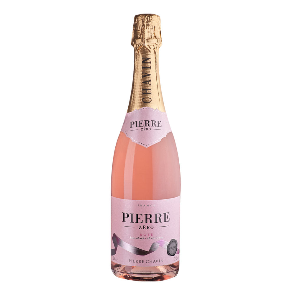 Vin spumant fără alcool Pierre Zéro Rosé 750ml, sticlă roz pal, etichetă și dop auriu.