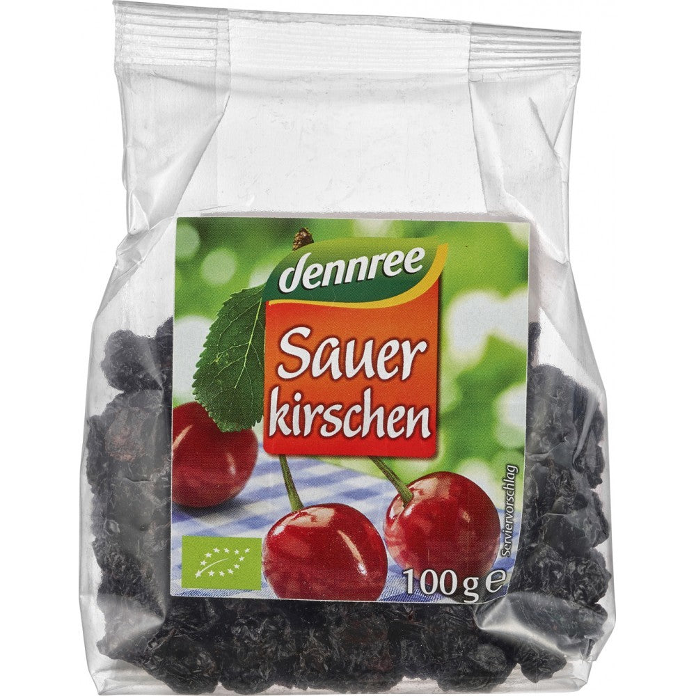 Visine uscate Dennree fără sâmburi, pachet 100g, etichetă colorată.