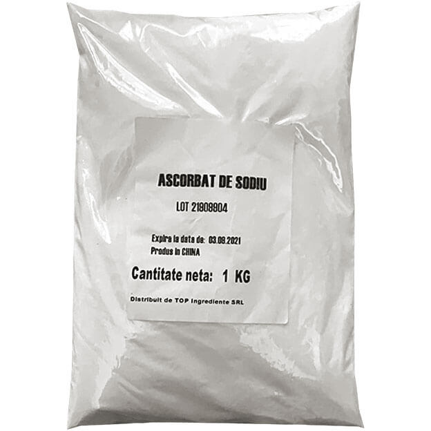 Pungă albă cu ascorbat de sodiu, 1 kg, etichetă neagră și detalii produs.