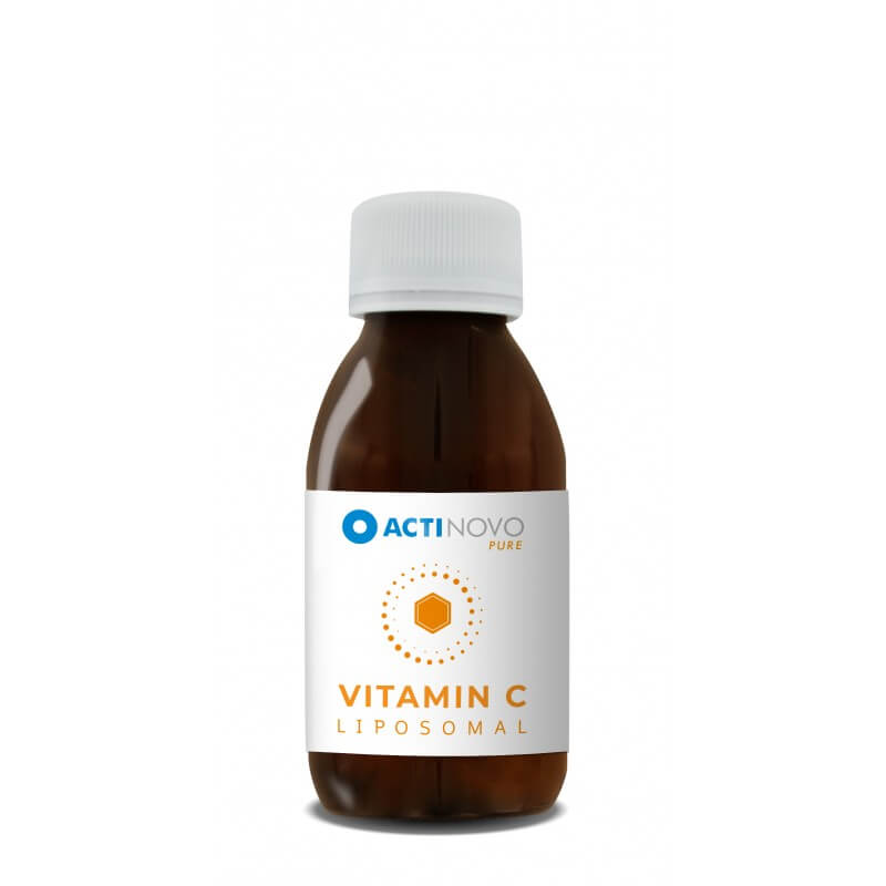 Sticlă de Vitamina C lipozomală Actinovo, 250ml, capac alb, etichetă albă.