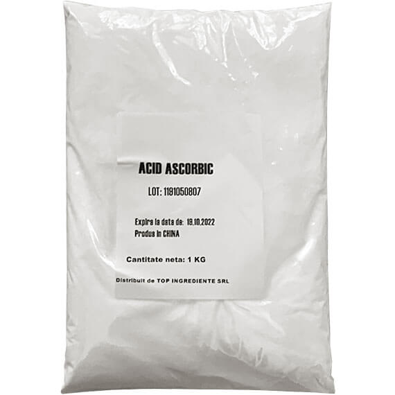 Pungă albă cu etichetă detalii acid ascorbic, vitamina C, 1 kg.