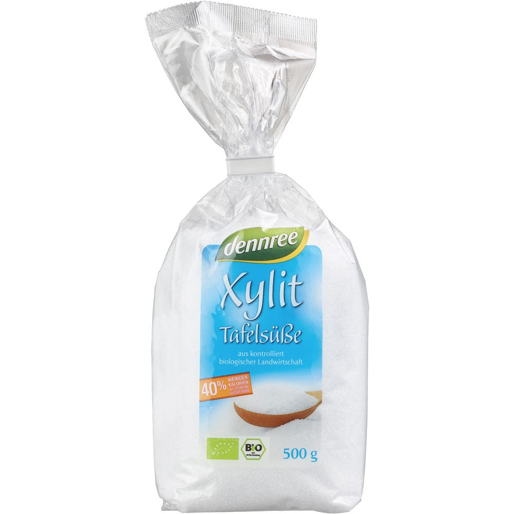 Pungă Xilitol bio 500g Dennree, etichetă albastră, ambalaj transparent.