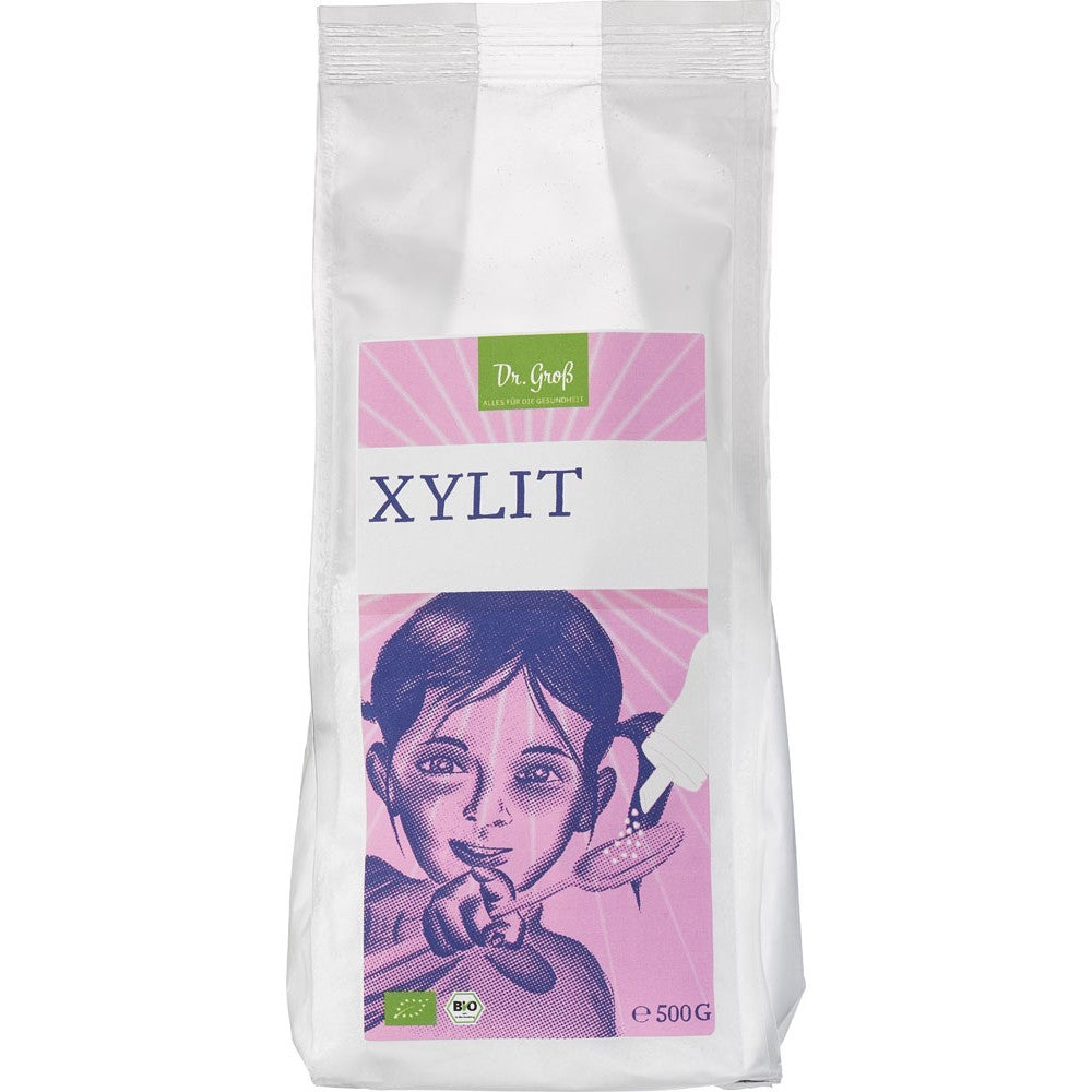 Pungă albă cu etichetă roz, Xilitol bio 500g Dr. Grob, desen fată.