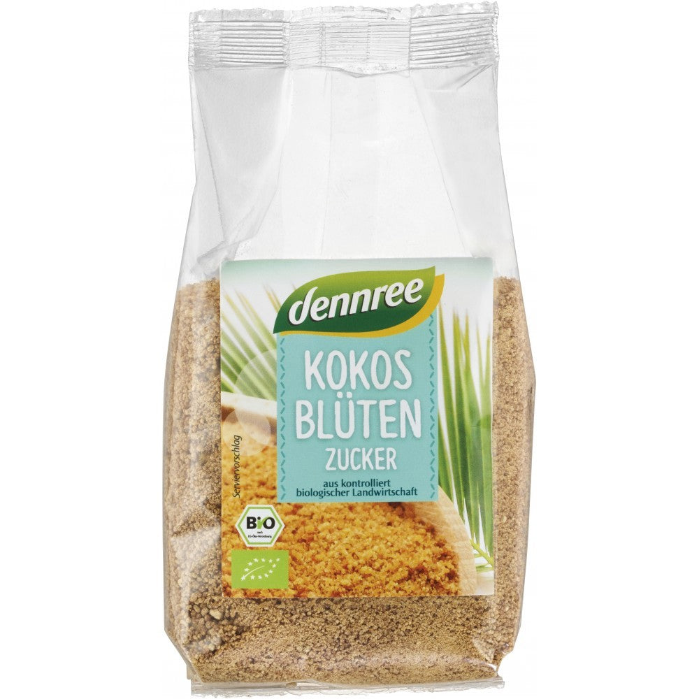 Zahar bio din flori de cocos Dennree 250g, culoare brun-aurie, ambalaj transparent.
