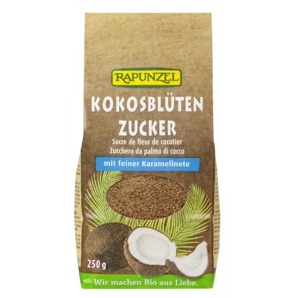 Zahar din flori de nuca de cocos Rapunzel 250g ambalaj maro cu text, imagine nucă