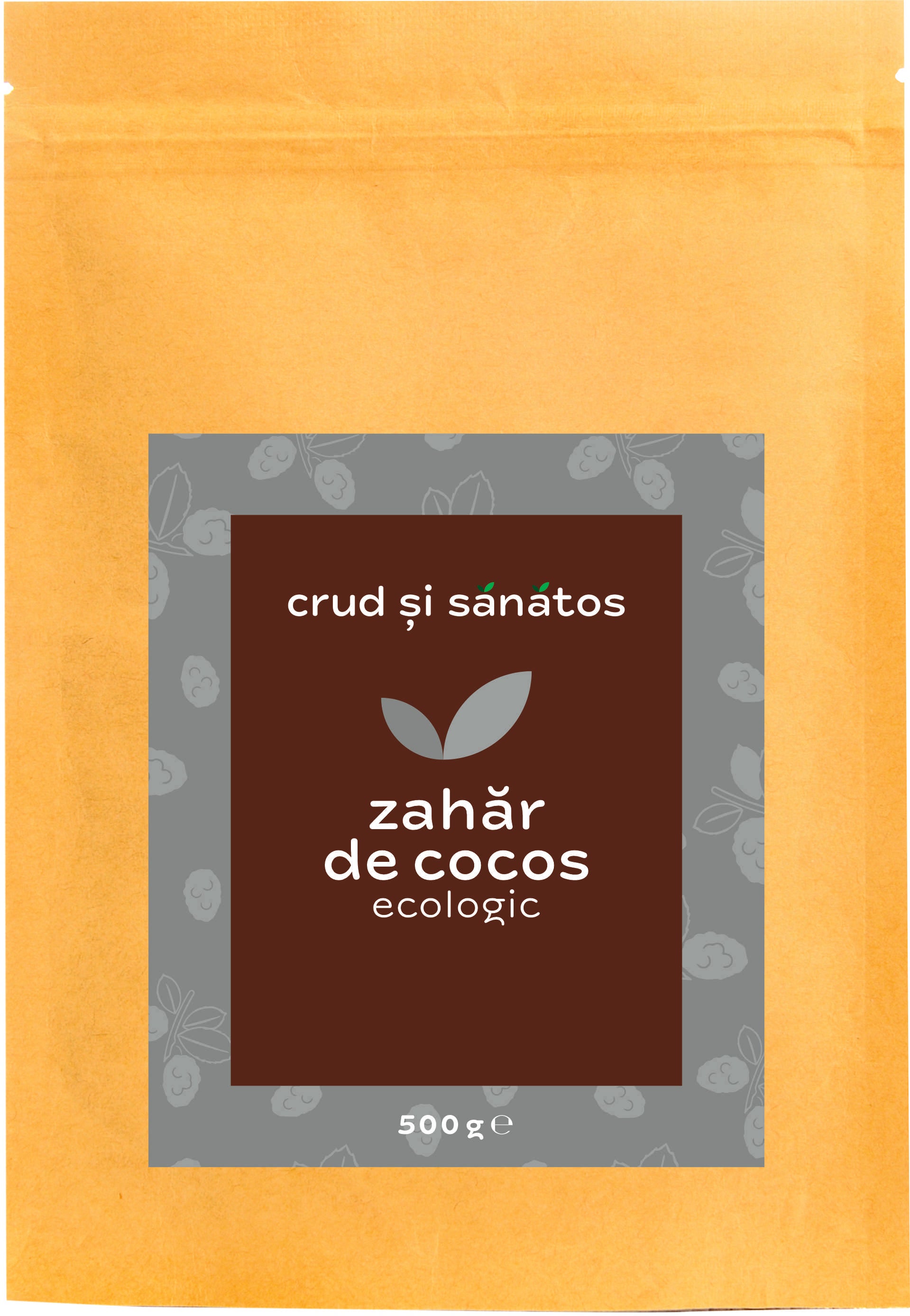 Zahăr din nectar de cocos bio, 500g, ambalaj maro și gri, etichetă eco.