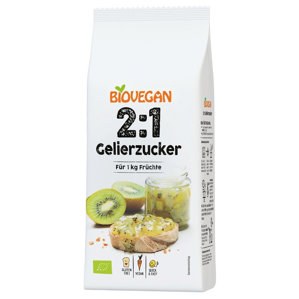 Zahar gelifiant 2:1 ecologic Biovegan 500g, ambalaj alb cu kiwi și pâine cu gem.